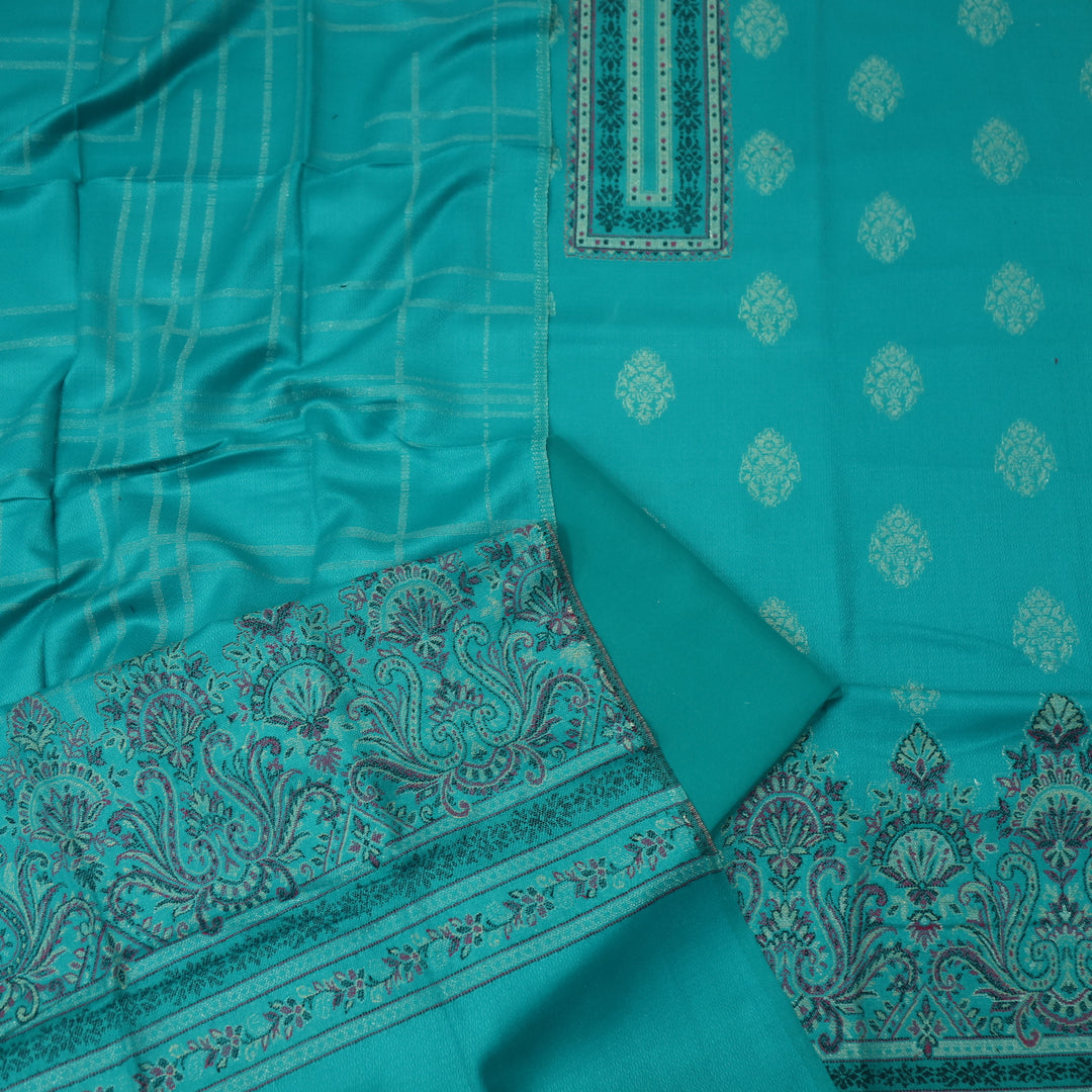 गुलबंद Teal blue Thread Weaved Neck Semi Pashmina Winter Suit Set