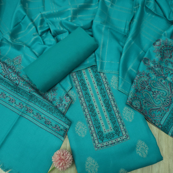 गुलबंद Teal blue Thread Weaved Neck Semi Pashmina Winter Suit Set