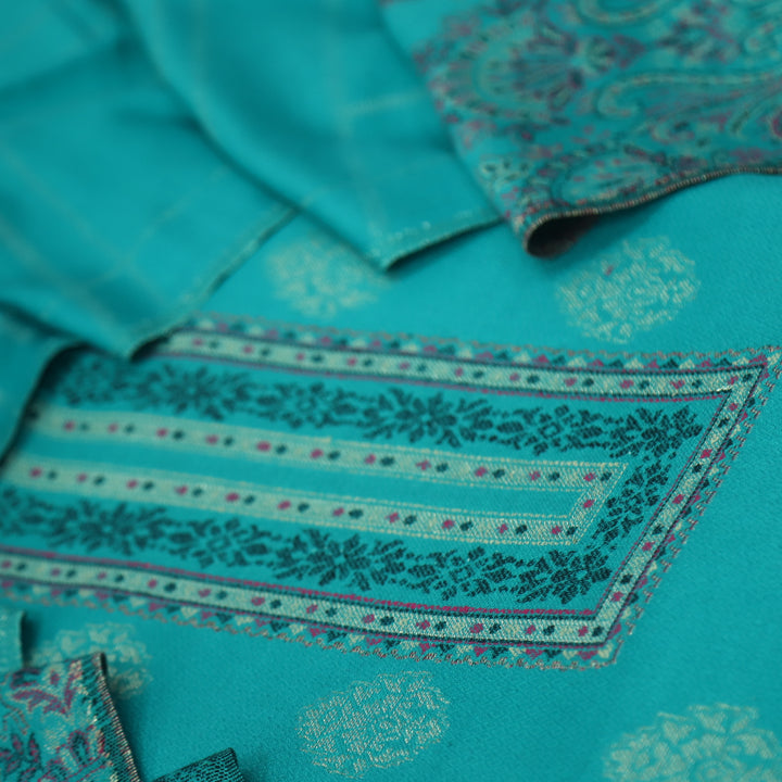 गुलबंद Teal blue Thread Weaved Neck Semi Pashmina Winter Suit Set