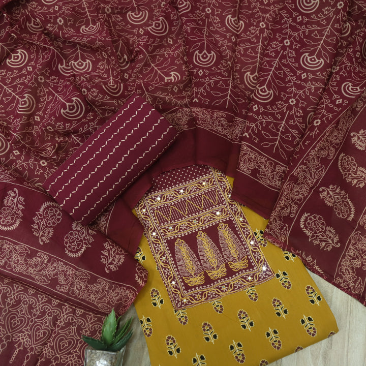 Kujrakh Haldi Yellow Patch Work Neck With Patra Printed Cotton Suit Set