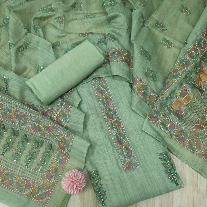 Roop Sage Green Digital Printed Chanderi Kantha Work Suit Set