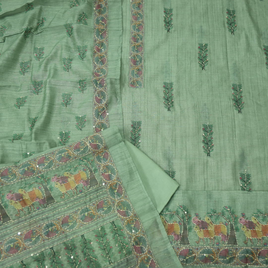 Roop Sage Green Digital Printed Chanderi Kantha Work Suit Set