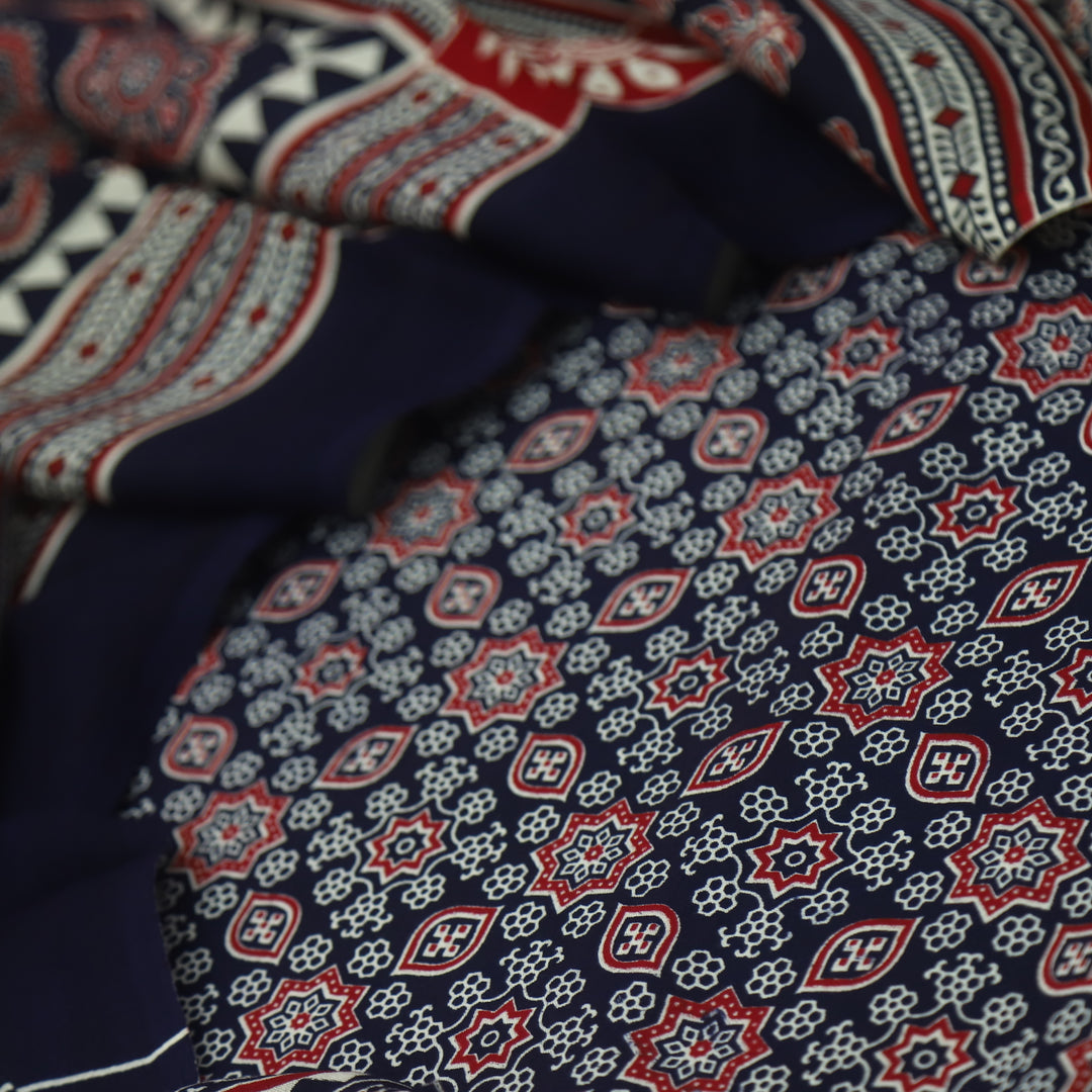 Temptation Navy Blue All Over Ajrak Printed Cotton Rayon Suit Set