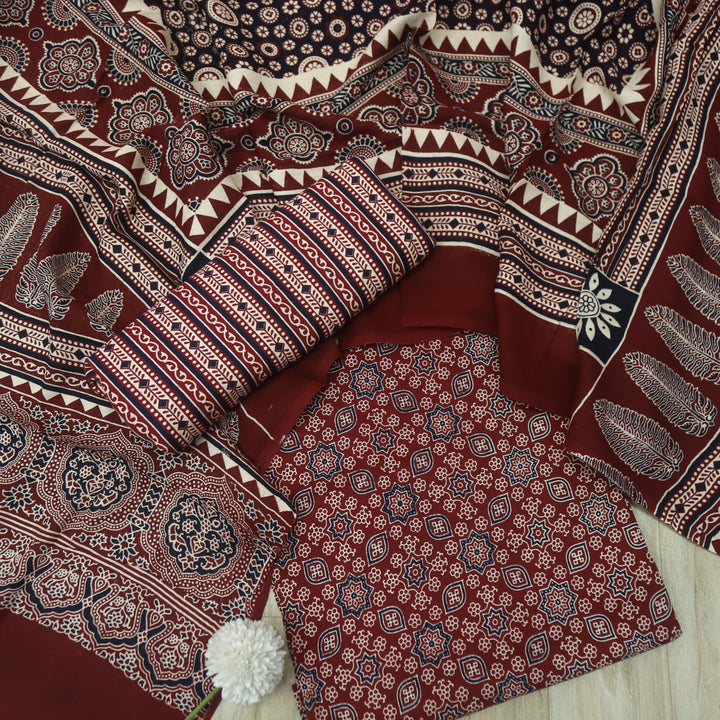 Temptation Cheery Maroon All Over Ajrak Printed Cotton Rayon Suit Set