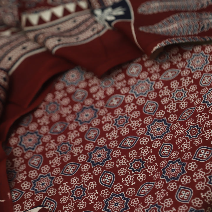 Temptation Cheery Maroon All Over Ajrak Printed Cotton Rayon Suit Set