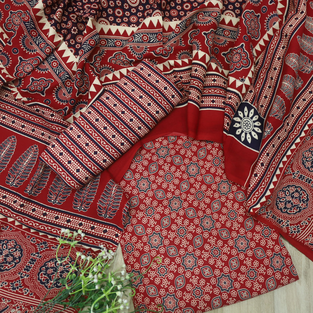 Temptation Bright Red All Over Ajrak Printed Cotton Rayon Suit Set