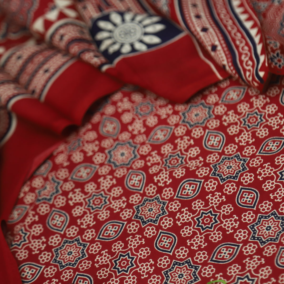 Temptation Bright Red All Over Ajrak Printed Cotton Rayon Suit Set