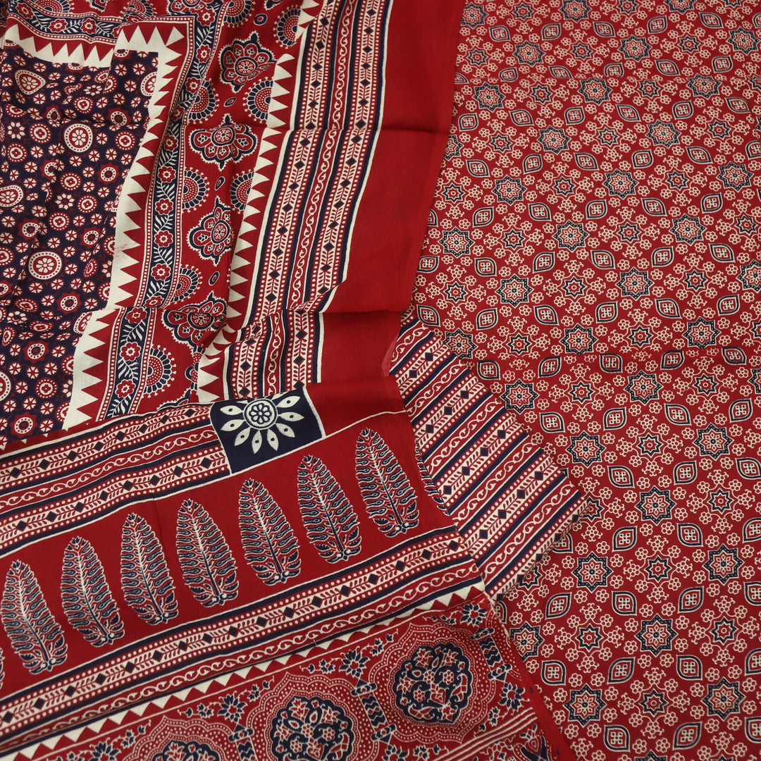 Temptation Bright Red All Over Ajrak Printed Cotton Rayon Suit Set