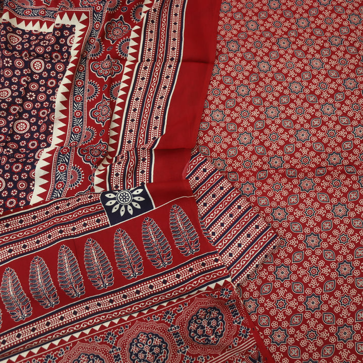Temptation Bright Red All Over Ajrak Printed Cotton Rayon Suit Set