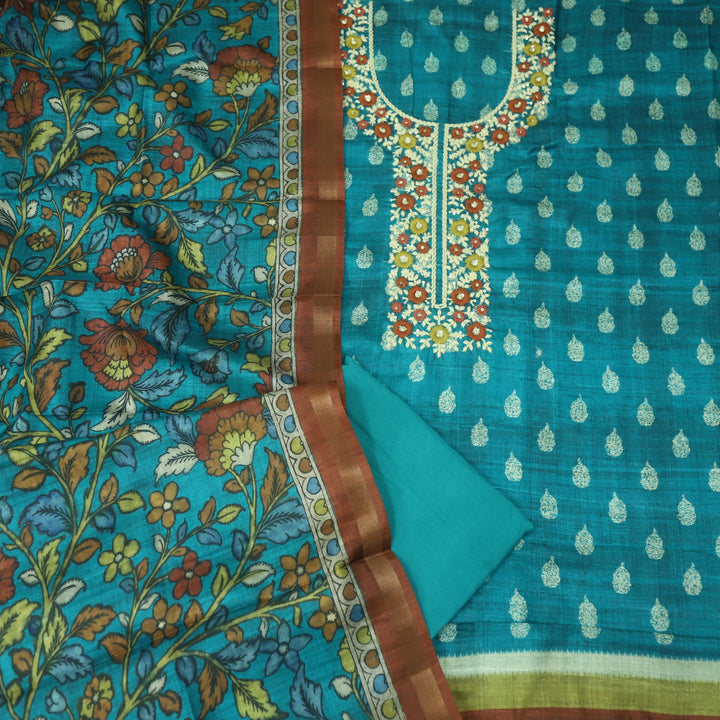 Khalasi Teal Blue Embroidered Neck Work Art Tussar Silk Suit Set