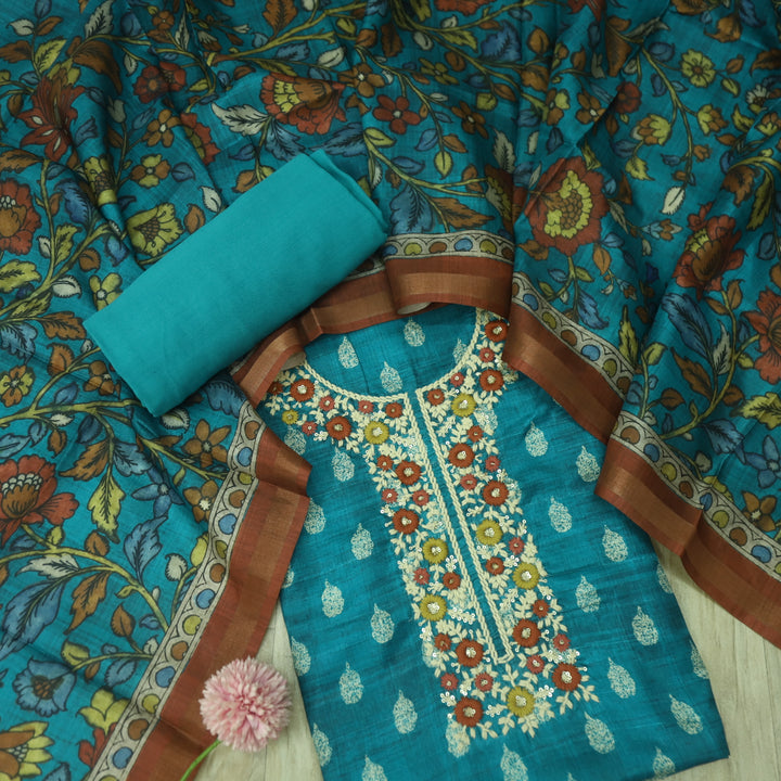 Khalasi Teal Blue Embroidered Neck Work Art Tussar Silk Suit Set
