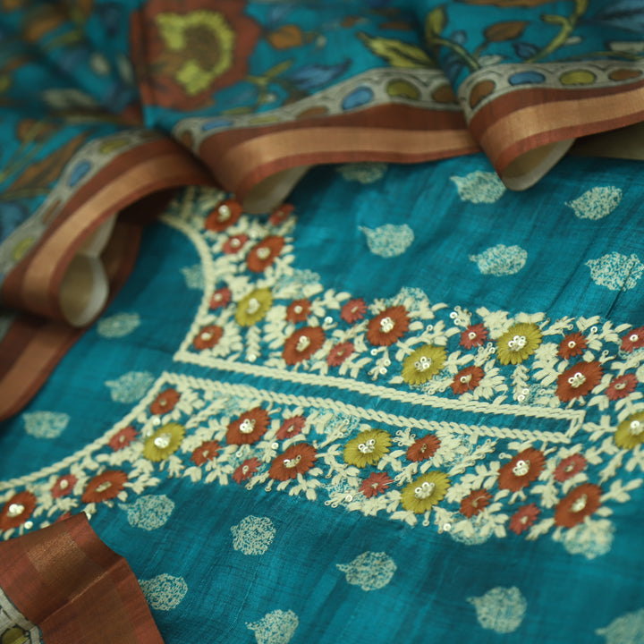 Khalasi Teal Blue Embroidered Neck Work Art Tussar Silk Suit Set
