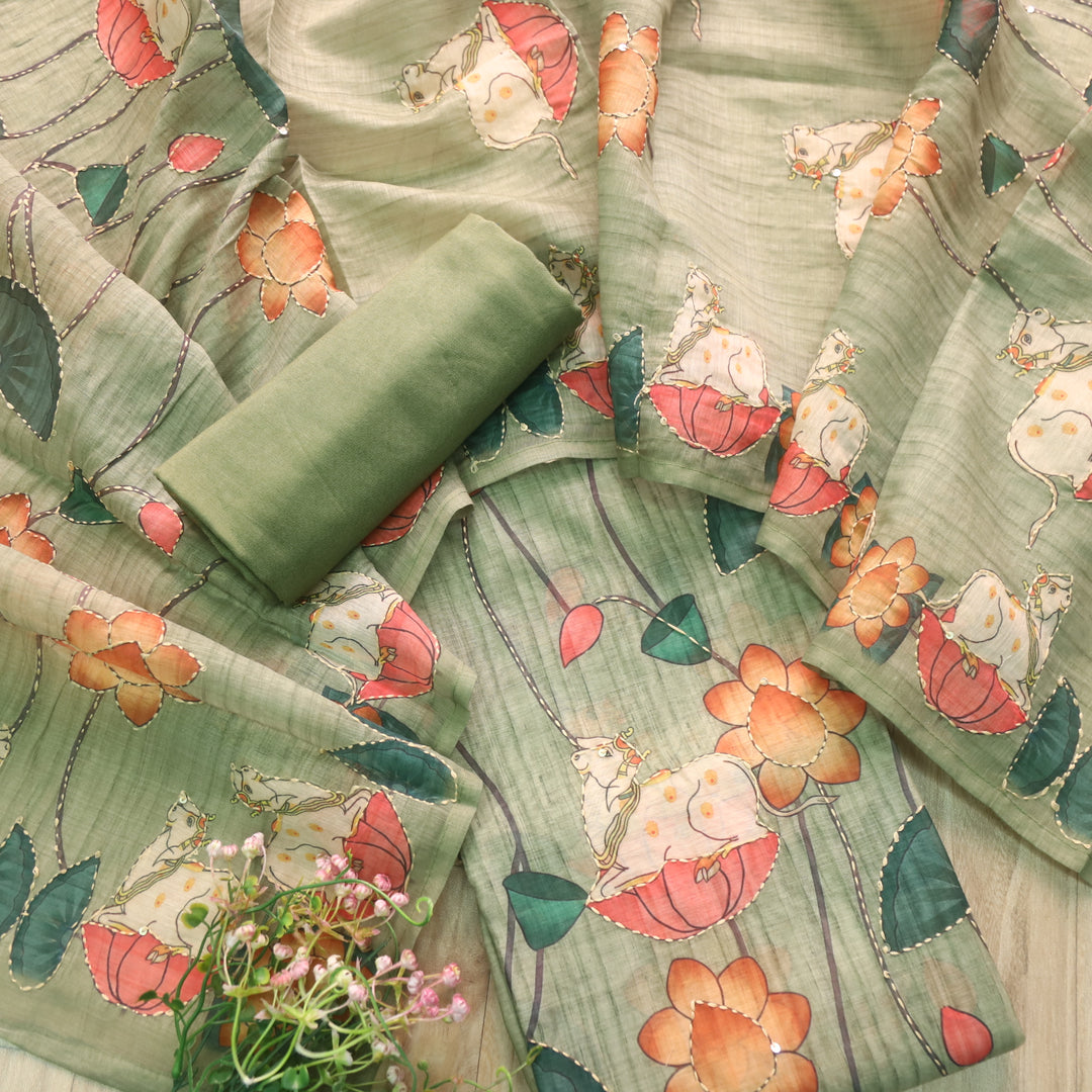 Raavi Fern Green Digital Pichwai Print Kantha Work Chanderi Suit Set