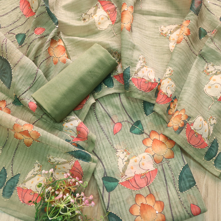 Raavi Fern Green Digital Pichwai Print Kantha Work Chanderi Suit Set