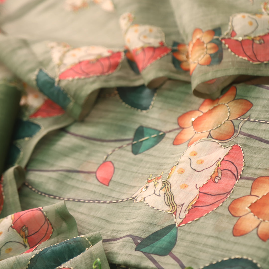 Raavi Fern Green Digital Pichwai Print Kantha Work Chanderi Suit Set
