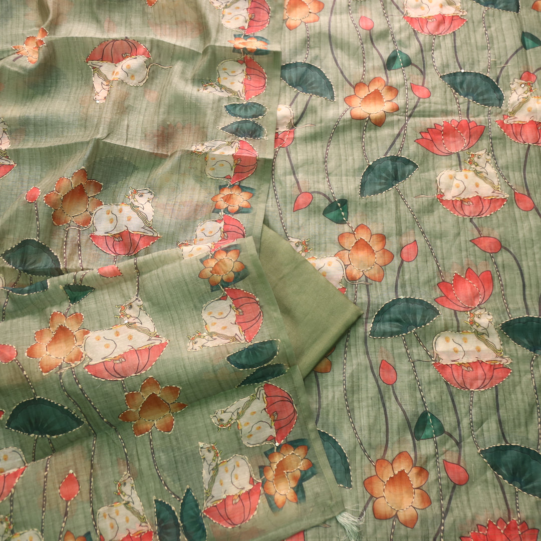 Raavi Fern Green Digital Pichwai Print Kantha Work Chanderi Suit Set