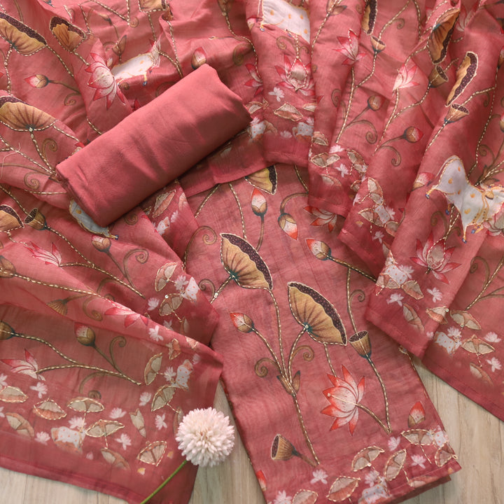 Tiara Lemonade Pink Digital Pichwai Print Kantha Work Chanderi Suit Set