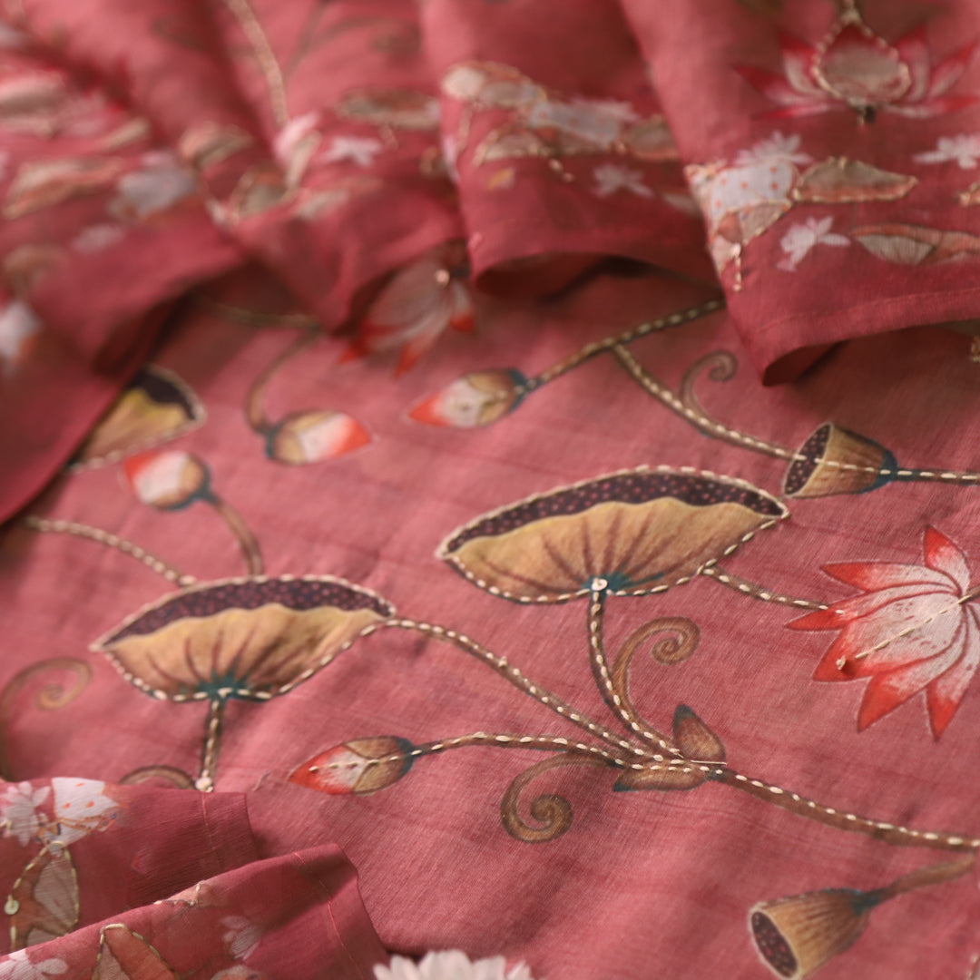 Tiara Lemonade Pink Digital Pichwai Print Kantha Work Chanderi Suit Set