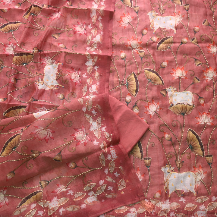 Tiara Lemonade Pink Digital Pichwai Print Kantha Work Chanderi Suit Set