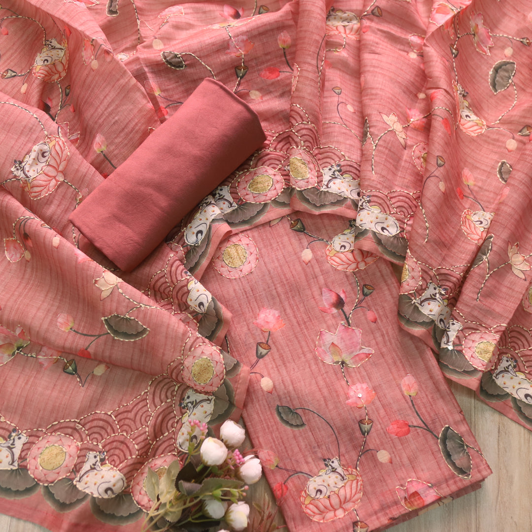 Zameer Punch Mauve Digital Pichwai Print Kantha Work Chanderi Suit Set