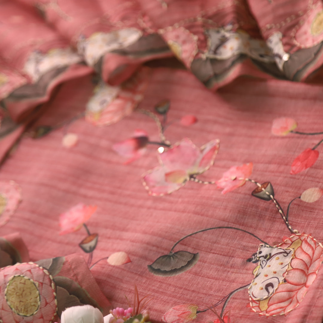 Zameer Punch Mauve Digital Pichwai Print Kantha Work Chanderi Suit Set