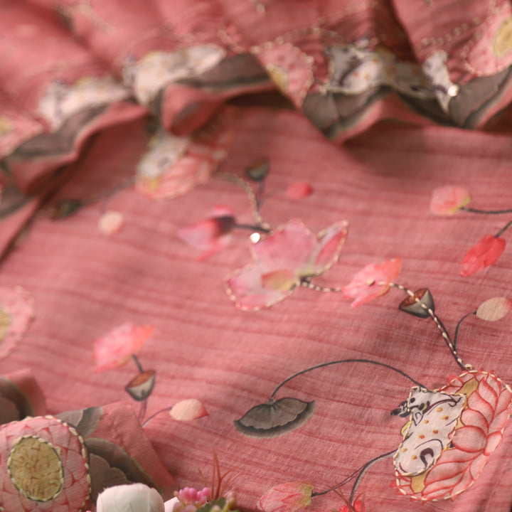 Zameer Punch Mauve Digital Pichwai Print Kantha Work Chanderi Suit Set
