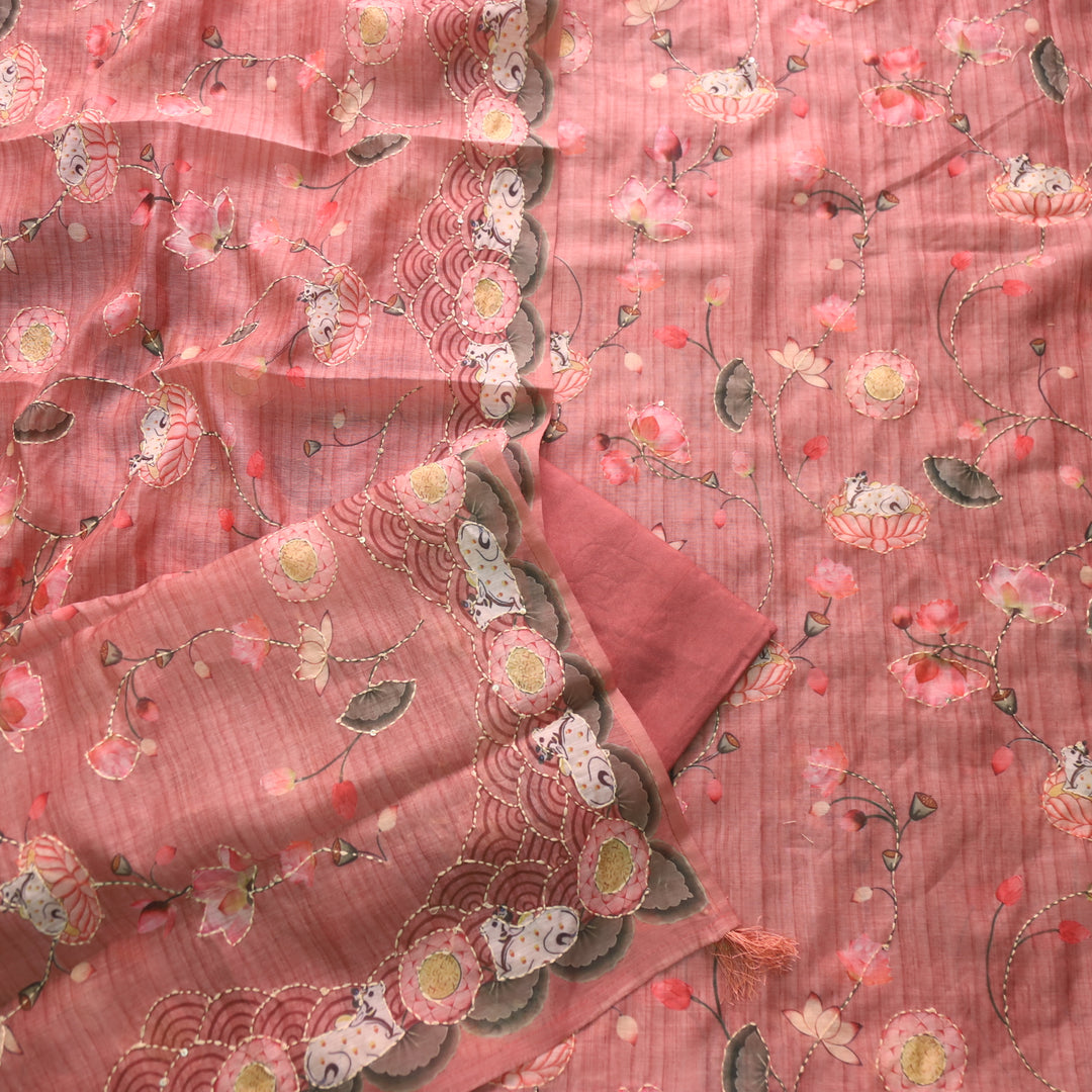 Zameer Punch Mauve Digital Pichwai Print Kantha Work Chanderi Suit Set