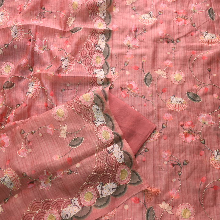Zameer Punch Mauve Digital Pichwai Print Kantha Work Chanderi Suit Set
