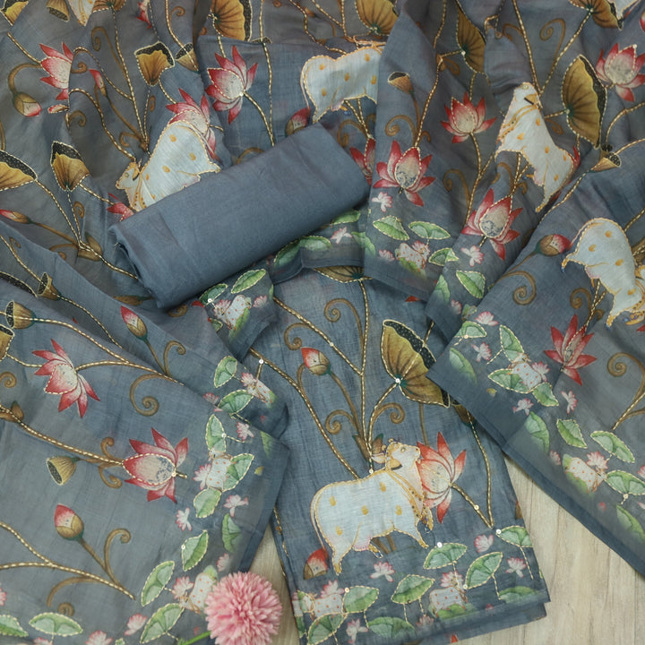 Tiara Bluish Grey Digital Pichwai Print Kantha Work Chanderi Suit Set
