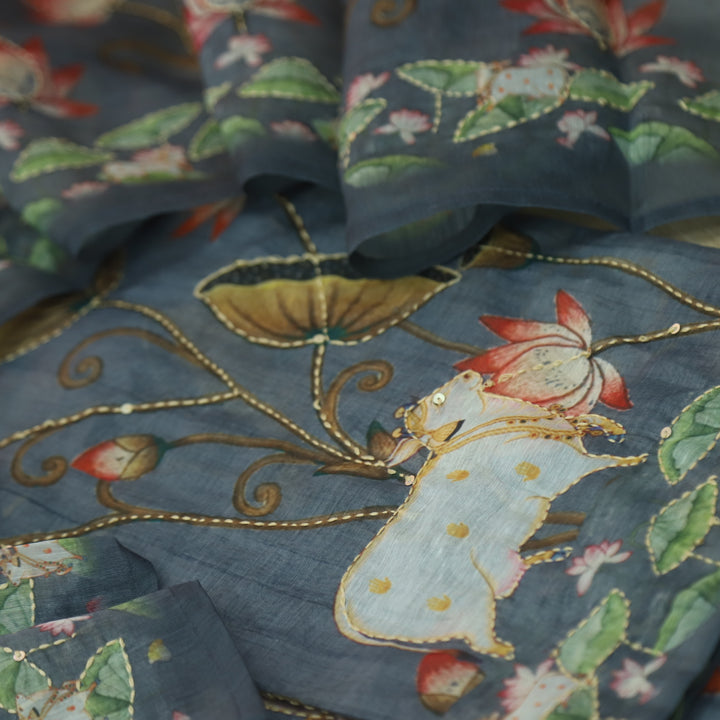 Tiara Bluish Grey Digital Pichwai Print Kantha Work Chanderi Suit Set