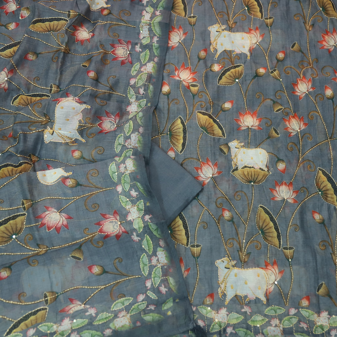 Tiara Bluish Grey Digital Pichwai Print Kantha Work Chanderi Suit Set