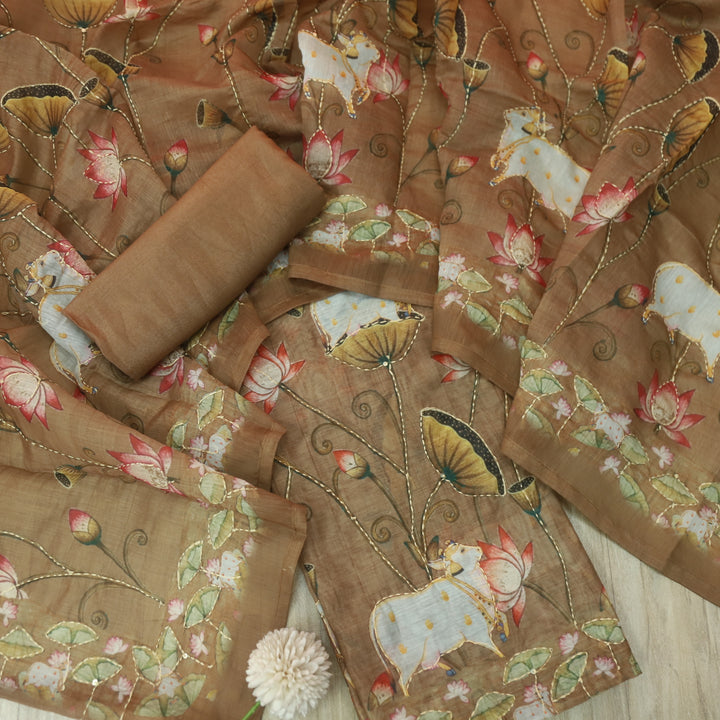 Tiara Peanut Bronw Digital Pichwai Print Kantha Work Chanderi Suit Set