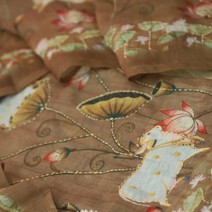 Tiara Peanut Bronw Digital Pichwai Print Kantha Work Chanderi Suit Set