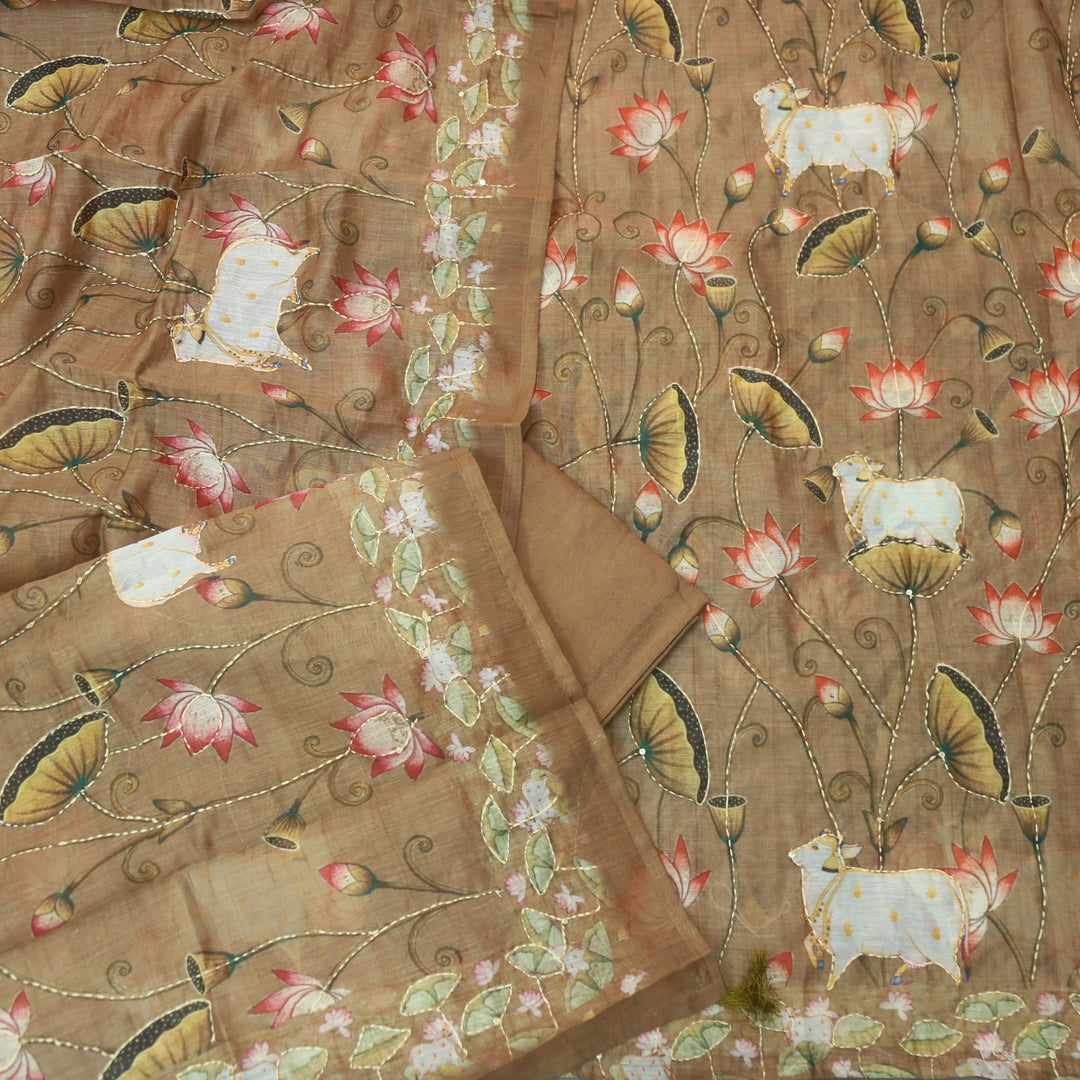 Tiara Peanut Bronw Digital Pichwai Print Kantha Work Chanderi Suit Set