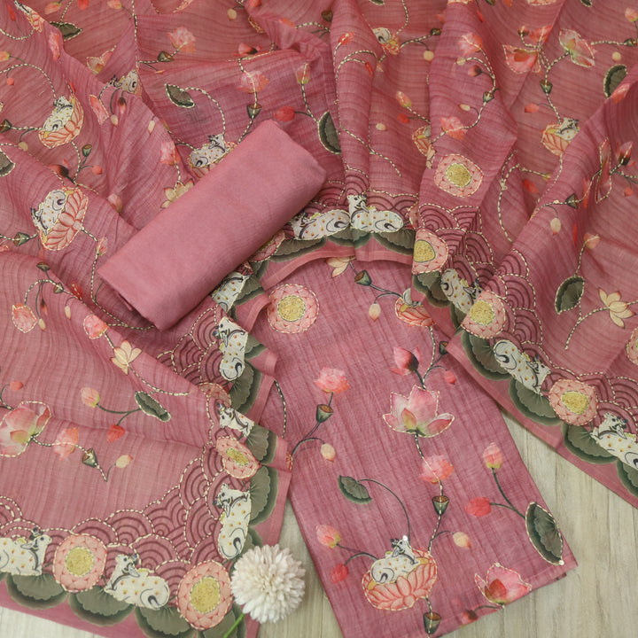 Zameer Mulberry Purple Digital Pichwai Print Kantha Work Chanderi Suit Set