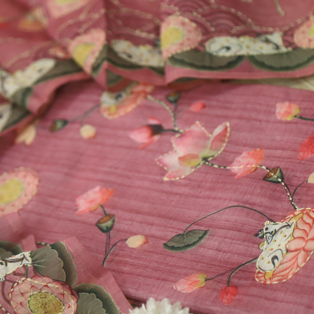 Zameer Mulberry Purple Digital Pichwai Print Kantha Work Chanderi Suit Set
