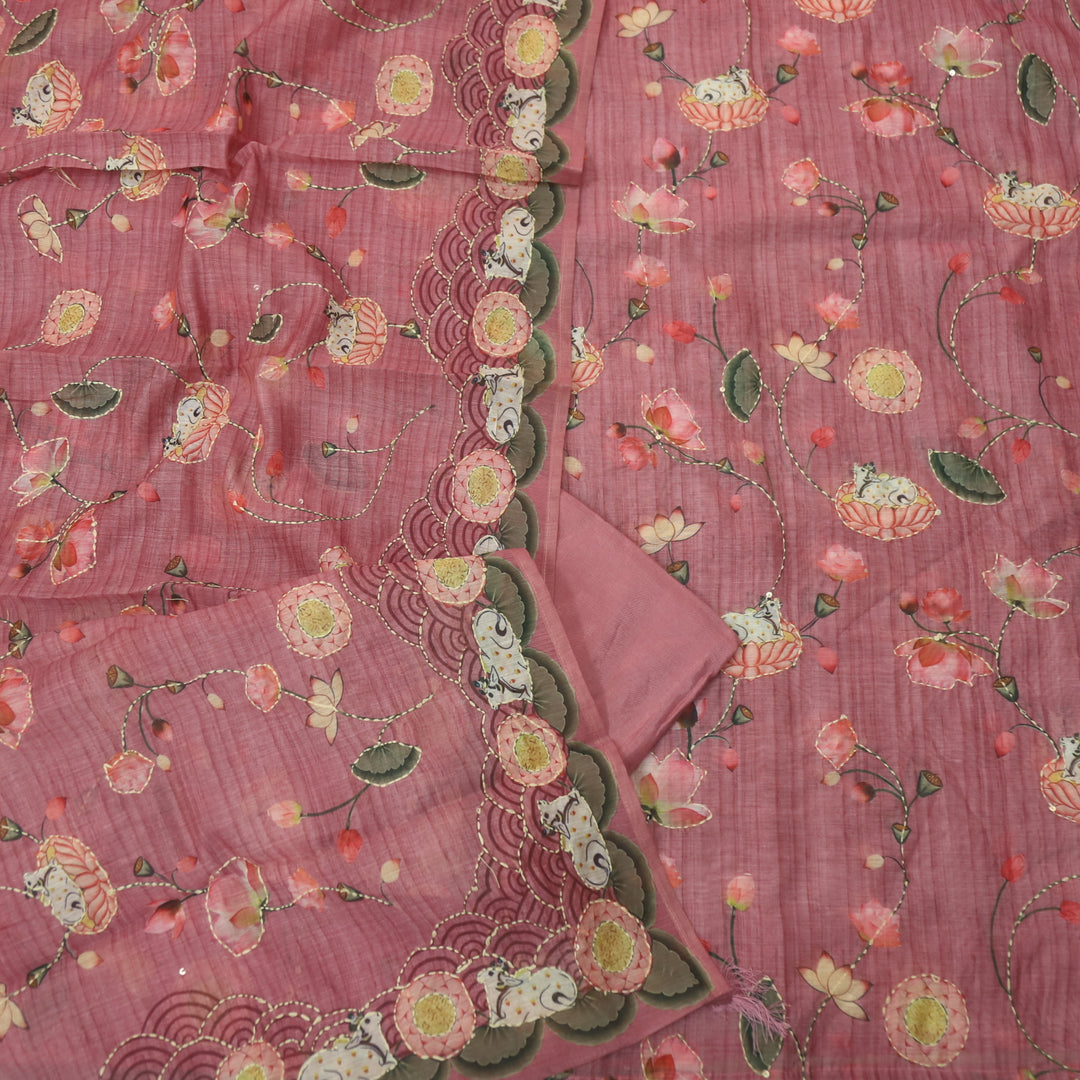 Zameer Mulberry Purple Digital Pichwai Print Kantha Work Chanderi Suit Set