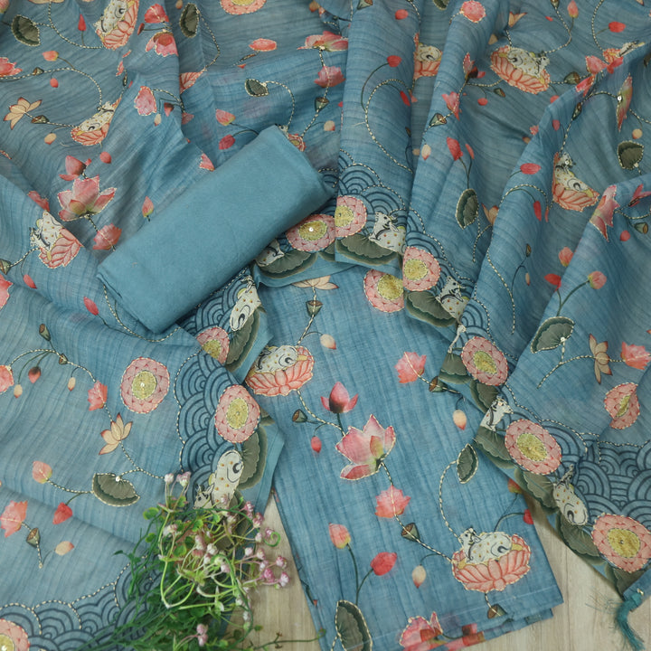 Zameer Sapphire Blue Digital Pichwai Print Kantha Work Chanderi Suit Set