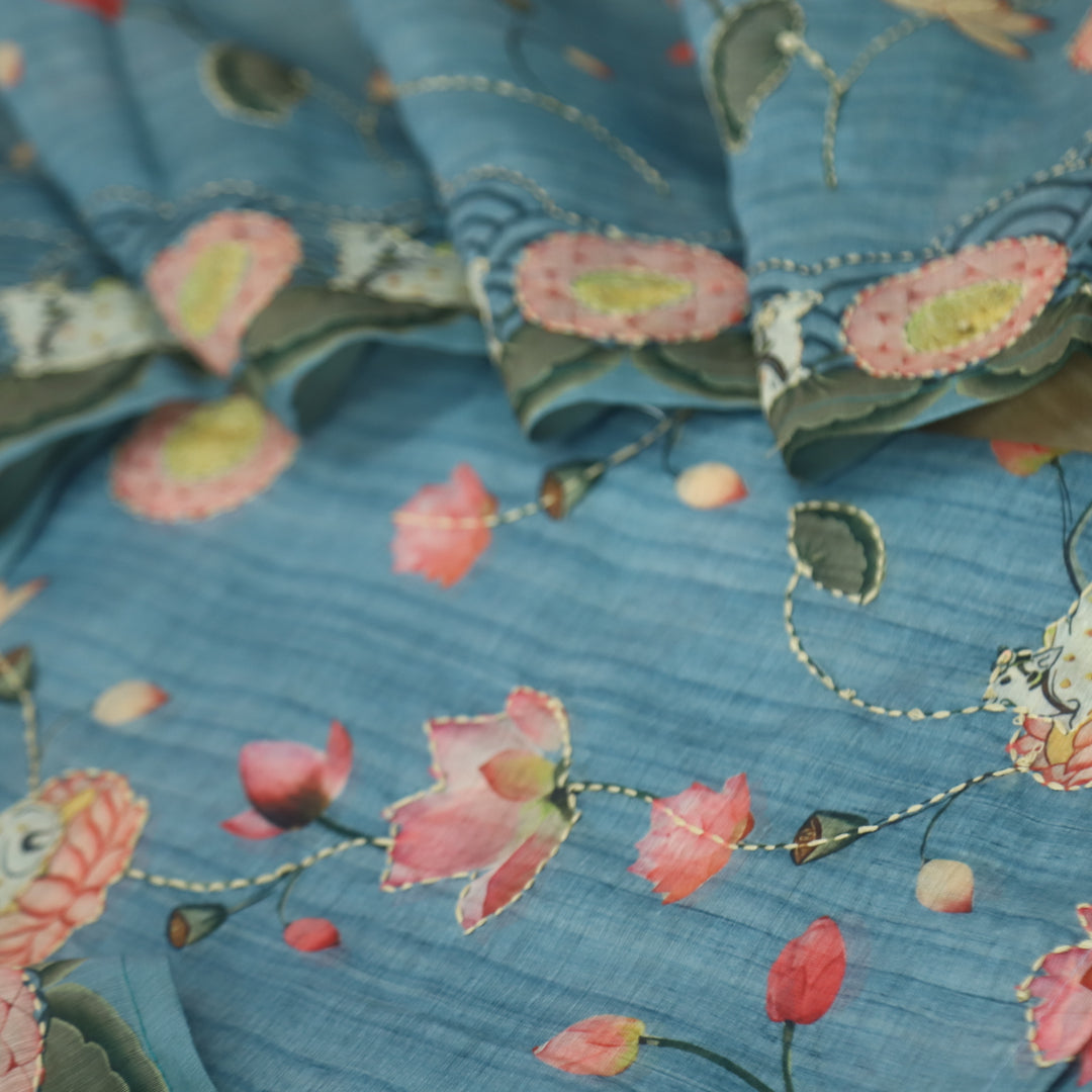 Zameer Sapphire Blue Digital Pichwai Print Kantha Work Chanderi Suit Set