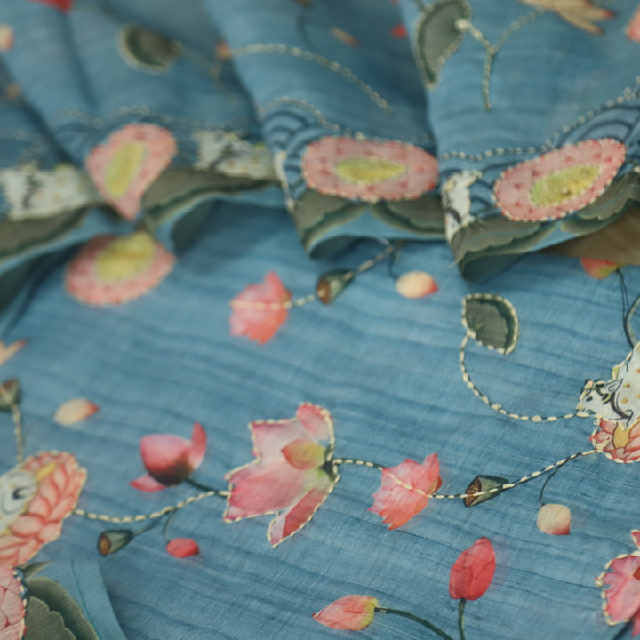 Zameer Sapphire Blue Digital Pichwai Print Kantha Work Chanderi Suit Set