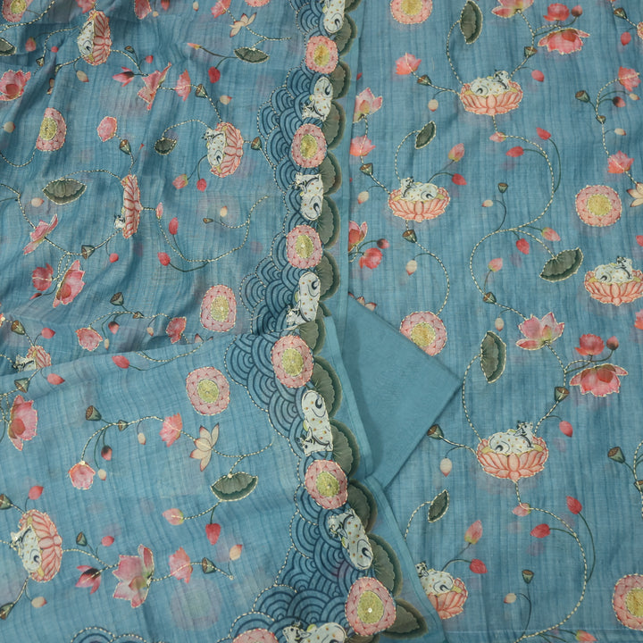 Zameer Sapphire Blue Digital Pichwai Print Kantha Work Chanderi Suit Set