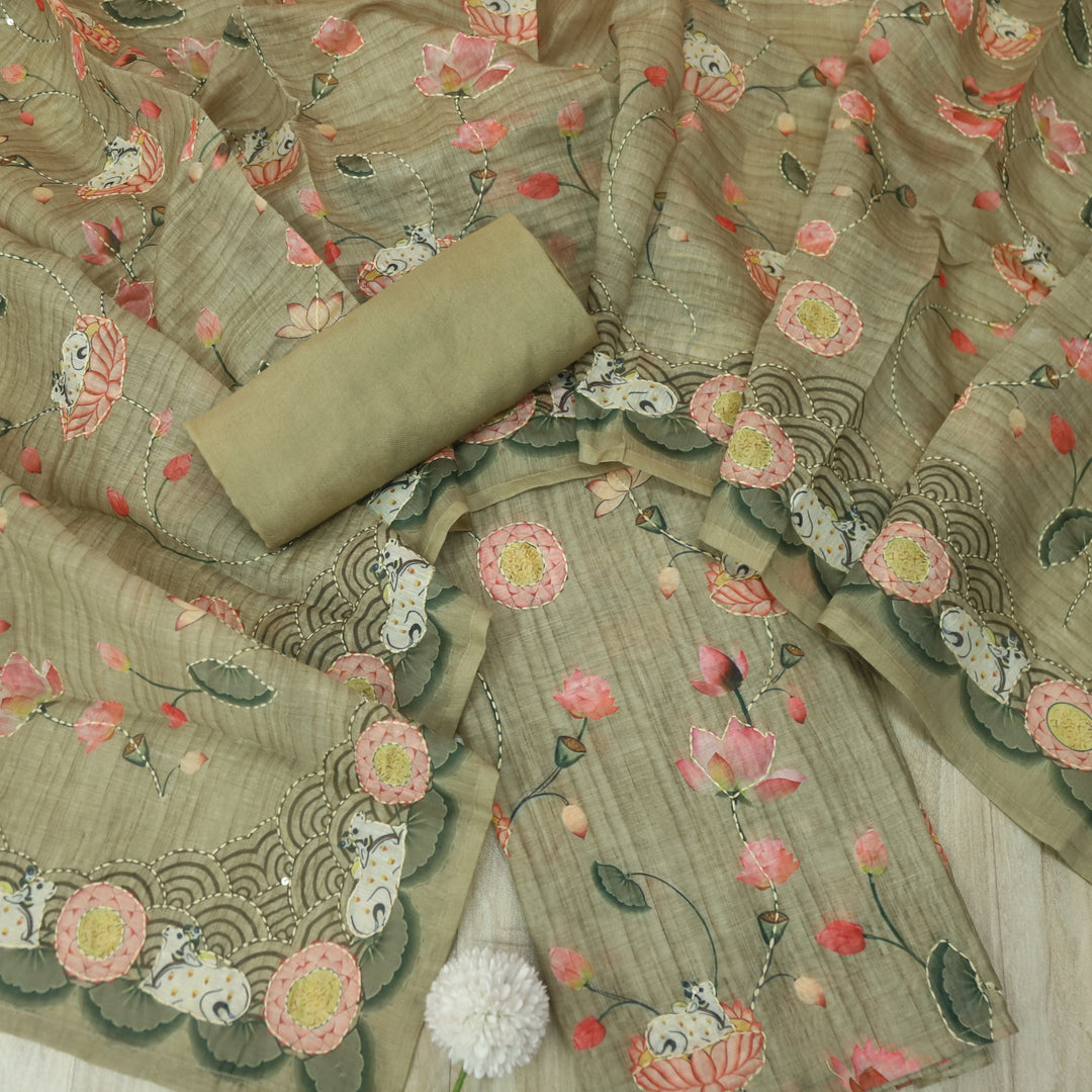 Zameer Sage Green Digital Pichwai Print Kantha Work Chanderi Suit Set
