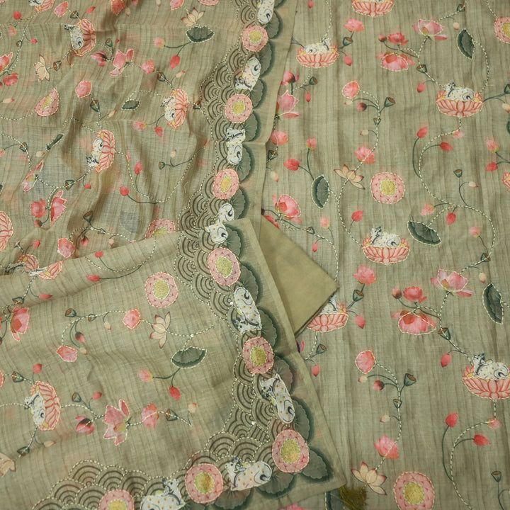Zameer Sage Green Digital Pichwai Print Kantha Work Chanderi Suit Set