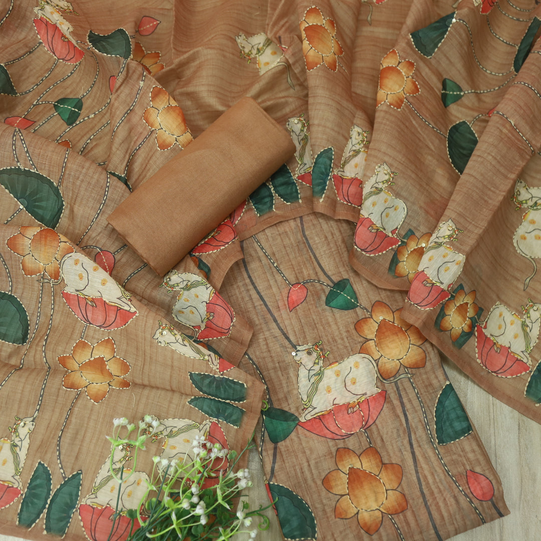 Raavi Almond Brown Digital Pichwai Print Kantha Work Chanderi Suit Set