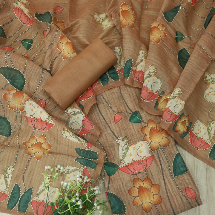 Raavi Almond Brown Digital Pichwai Print Kantha Work Chanderi Suit Set