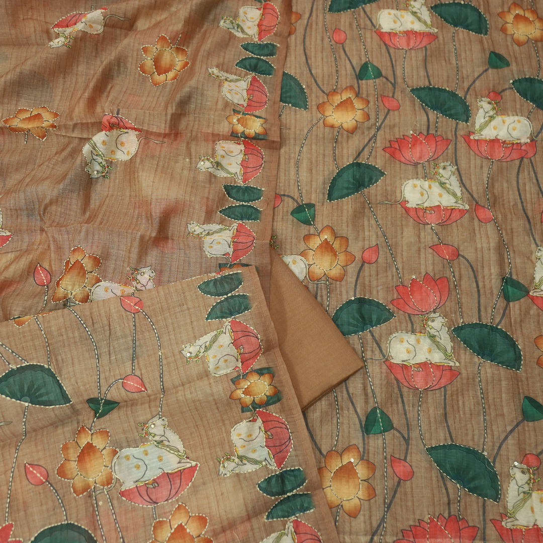 Raavi Almond Brown Digital Pichwai Print Kantha Work Chanderi Suit Set