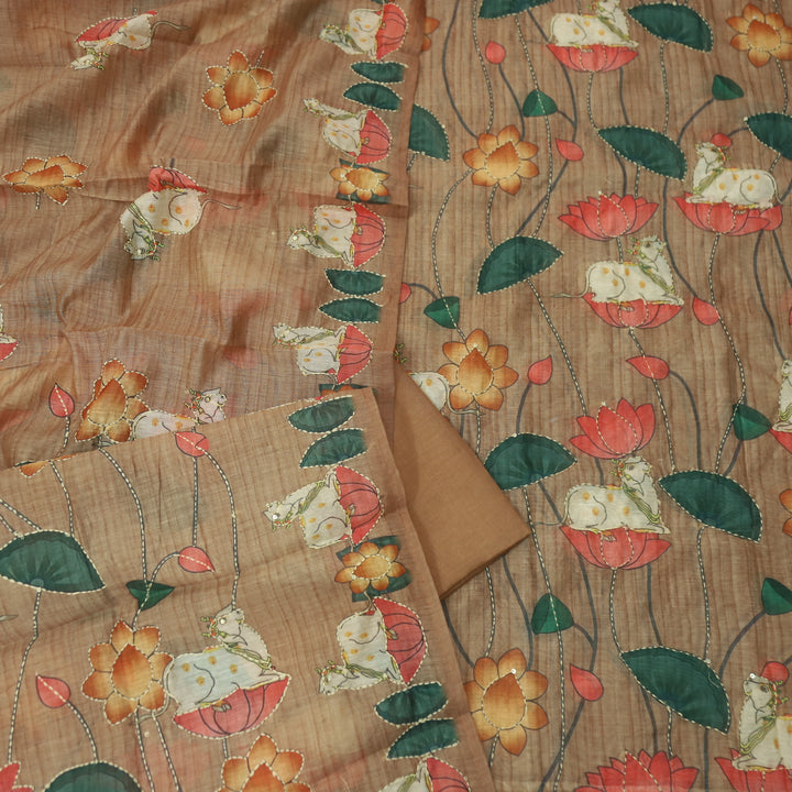 Raavi Almond Brown Digital Pichwai Print Kantha Work Chanderi Suit Set