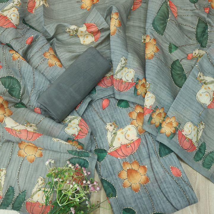 Raavi Fossil Grey Digital Pichwai Print Kantha Work Chanderi Suit Set