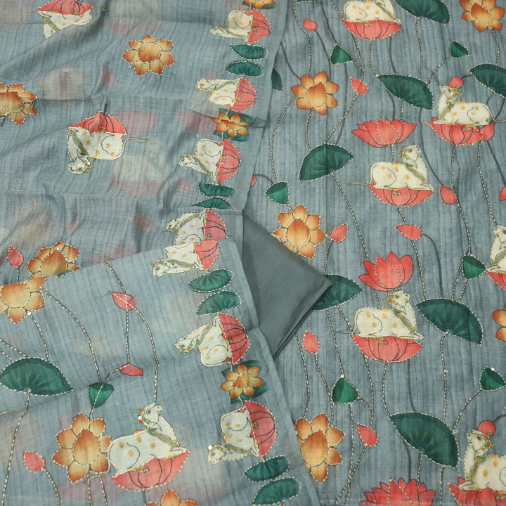Raavi Fossil Grey Digital Pichwai Print Kantha Work Chanderi Suit Set