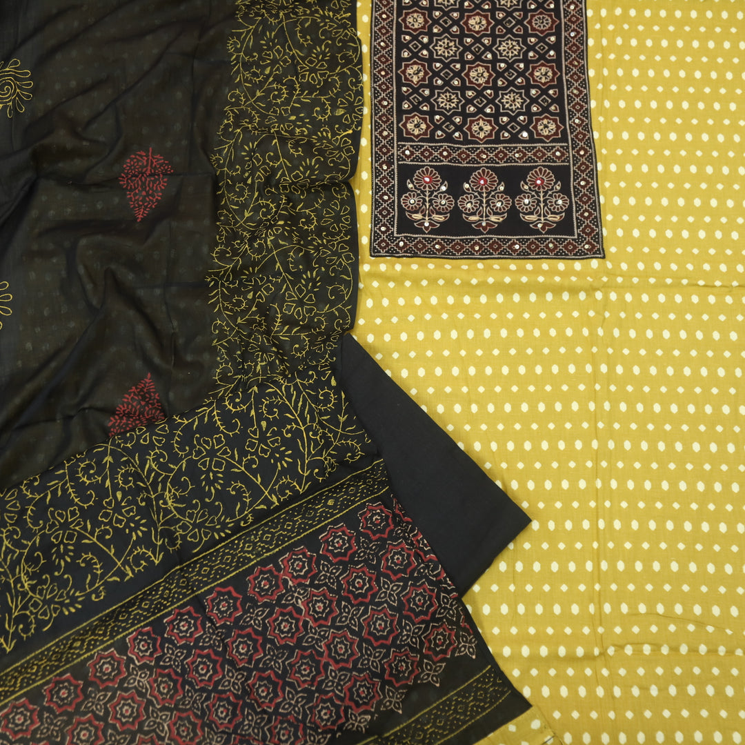 रुबानी Canary Yellow Ajrak Patch Neck Work Printed Cotton Suit Set